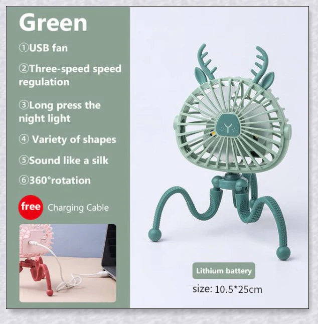 A rechargeable stroller fan with a flexible tripod and adjustable airflow settings, perfect for keeping babies cool during summer outings.