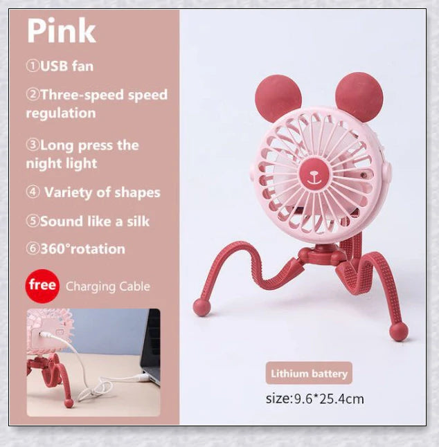 A rechargeable stroller fan with a flexible tripod and adjustable airflow settings, perfect for keeping babies cool during summer outings.