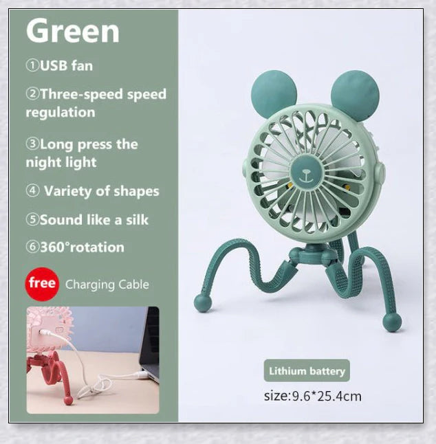 A rechargeable stroller fan with a flexible tripod and adjustable airflow settings, perfect for keeping babies cool during summer outings.