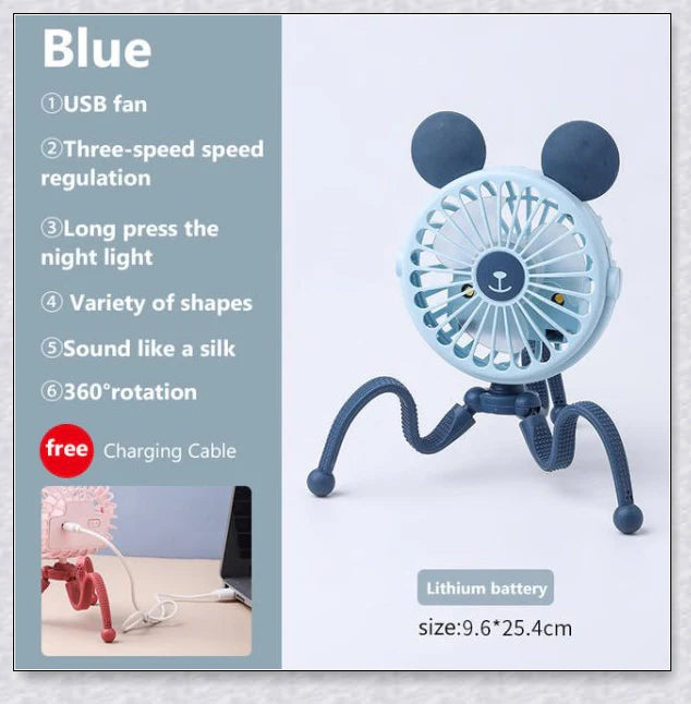 A rechargeable stroller fan with a flexible tripod and adjustable airflow settings, perfect for keeping babies cool during summer outings.