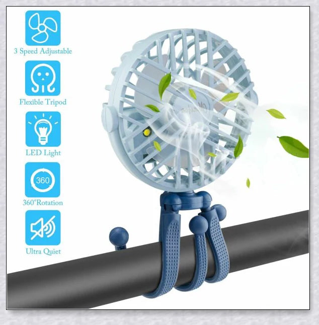 A rechargeable stroller fan with a flexible tripod and adjustable airflow settings, perfect for keeping babies cool during summer outings.