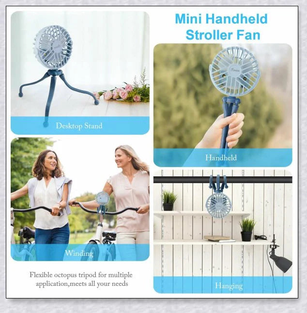 A rechargeable stroller fan with a flexible tripod and adjustable airflow settings, perfect for keeping babies cool during summer outings.