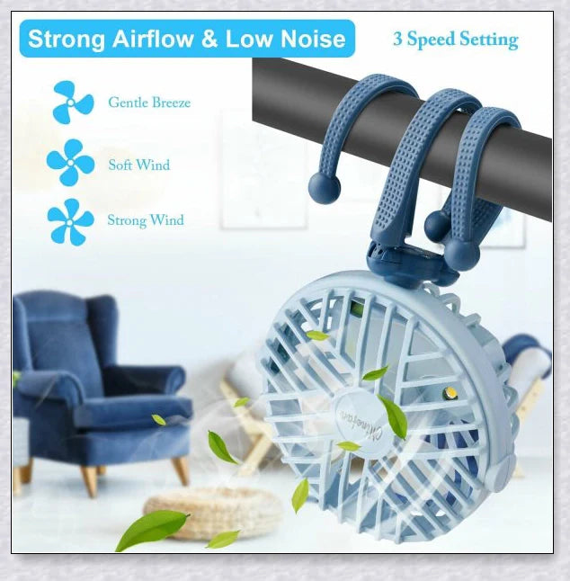 A rechargeable stroller fan with a flexible tripod and adjustable airflow settings, perfect for keeping babies cool during summer outings.