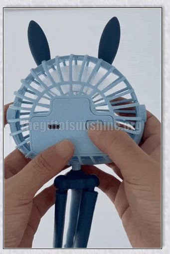 A rechargeable stroller fan with a flexible tripod and adjustable airflow settings, perfect for keeping babies cool during summer outings.