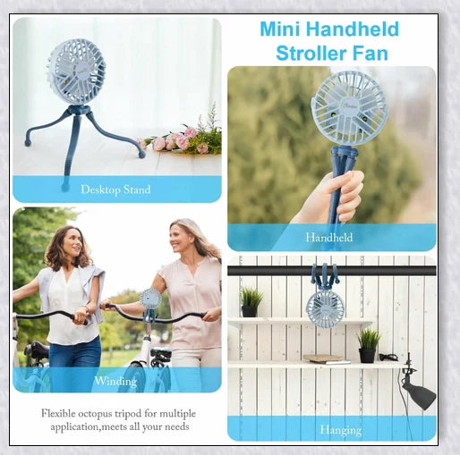 A rechargeable stroller fan with a flexible tripod and adjustable airflow settings, perfect for keeping babies cool during summer outings.
