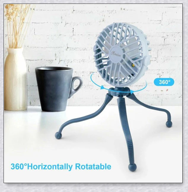 A rechargeable stroller fan with a flexible tripod and adjustable airflow settings, perfect for keeping babies cool during summer outings.