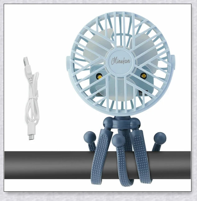 A rechargeable stroller fan with a flexible tripod and adjustable airflow settings, perfect for keeping babies cool during summer outings.