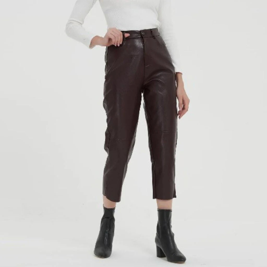 Elegant faux leather pants with high waist and ankle-length design, perfect for office or casual wear.
