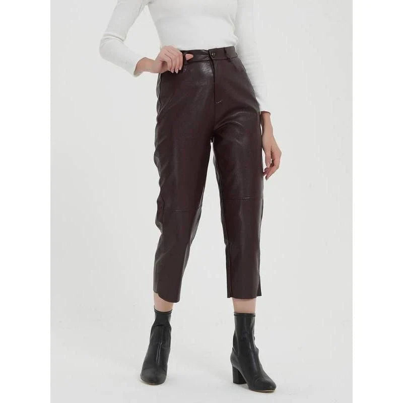 Elegant faux leather pants with high waist and ankle-length design, perfect for office or casual wear.