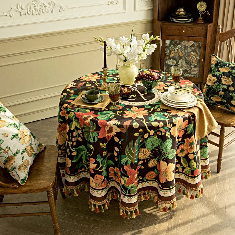 Elegant dark brown luxury tassel tablecloth with intricate printed patterns and delicate tassels, perfect for sophisticated dining decor