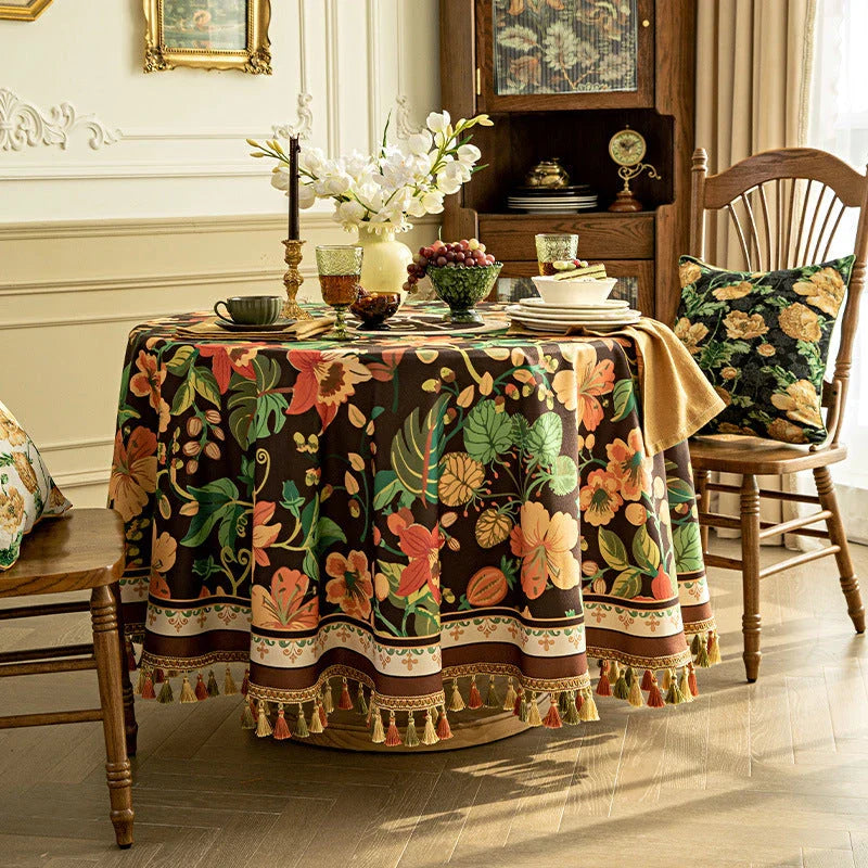 Elegant dark brown luxury tassel tablecloth with intricate printed patterns and delicate tassels, perfect for sophisticated dining decor