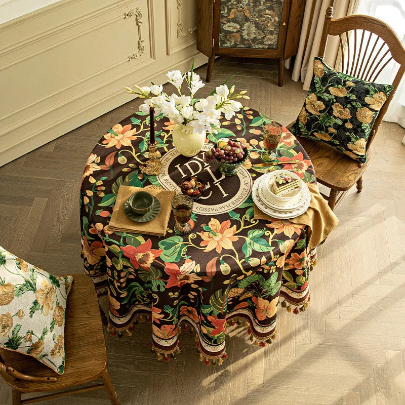 Elegant dark brown luxury tassel tablecloth with intricate printed patterns and delicate tassels, perfect for sophisticated dining decor