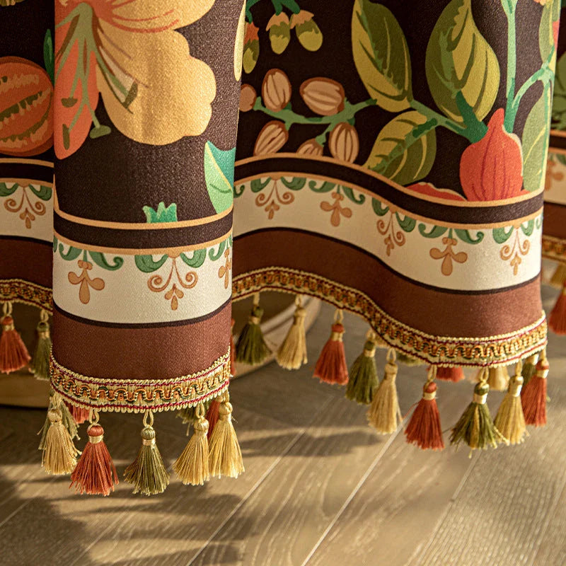 Elegant dark brown luxury tassel tablecloth with intricate printed patterns and delicate tassels, perfect for sophisticated dining decor