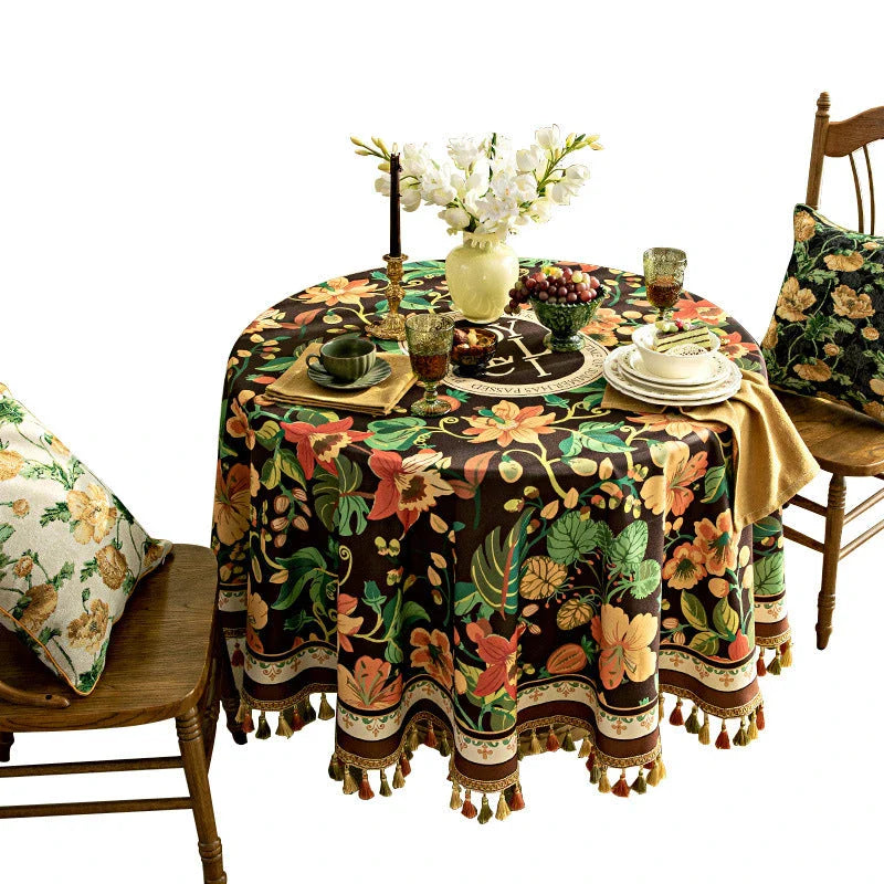Elegant dark brown luxury tassel tablecloth with intricate printed patterns and delicate tassels, perfect for sophisticated dining decor