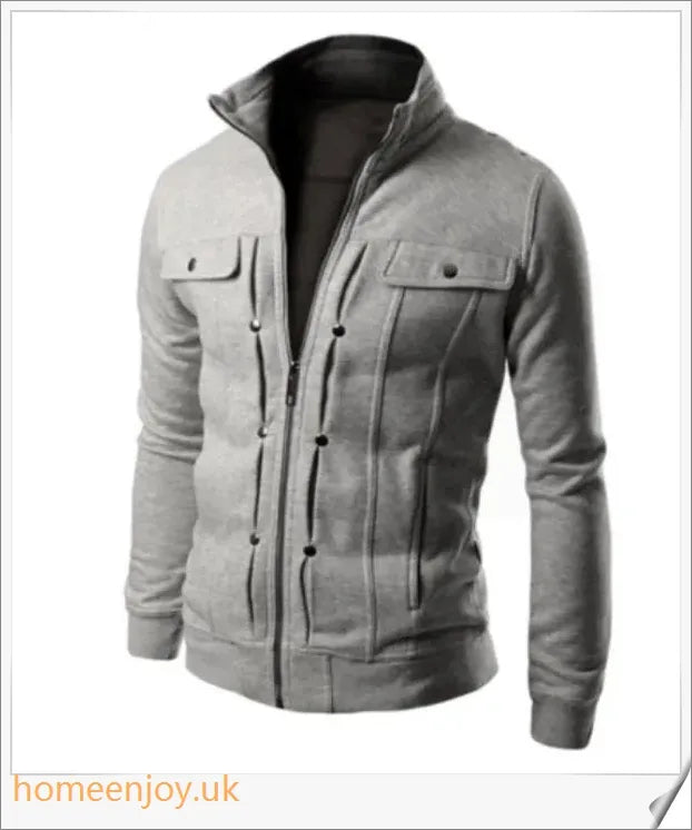 A premium cardigan jacket in a classic stand collar design, made from a soft and breathable fabric blend for versatile casual style.