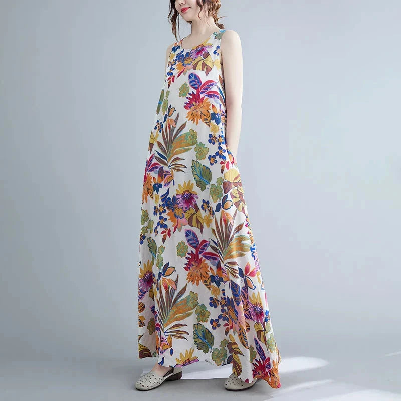 Floral print cotton linen long dress with a flowing A-line silhouette and classic O-neck design