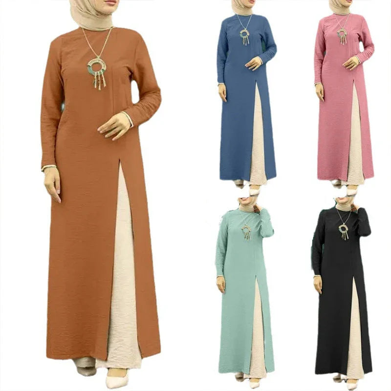 Muslim women's dress made of elegant ice silk fabric with long sleeves and high slit hem, available in various colours