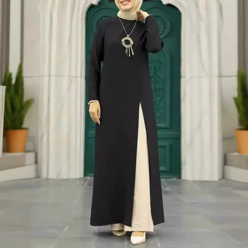 Muslim women's dress made of elegant ice silk fabric with long sleeves and high slit hem, available in various colours