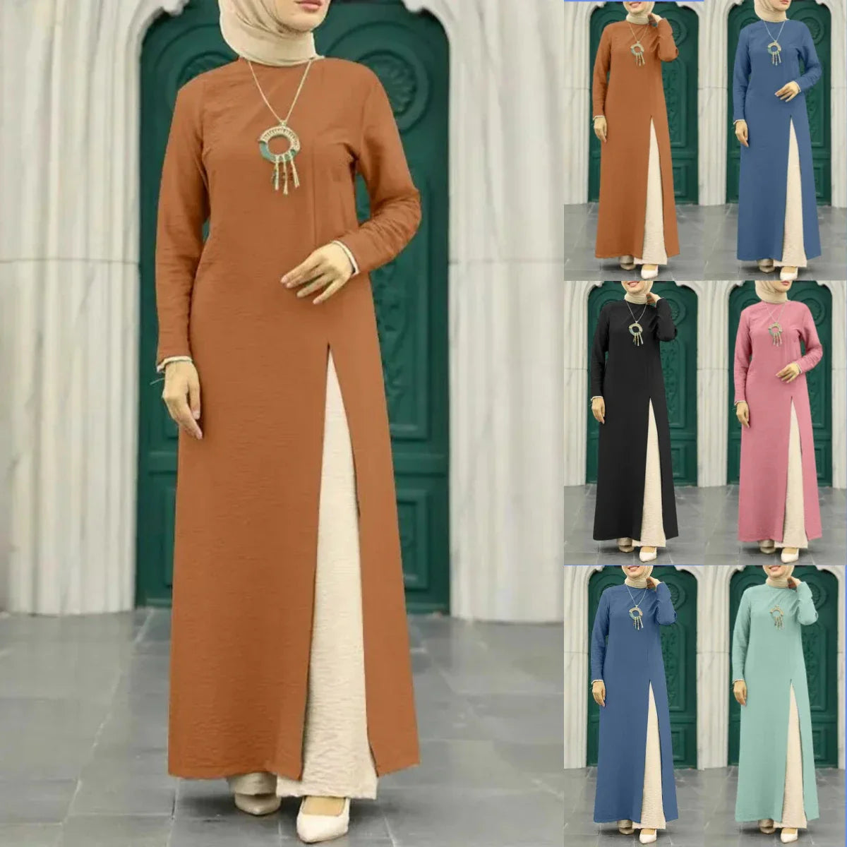 Muslim women's dress made of elegant ice silk fabric with long sleeves and high slit hem, available in various colours