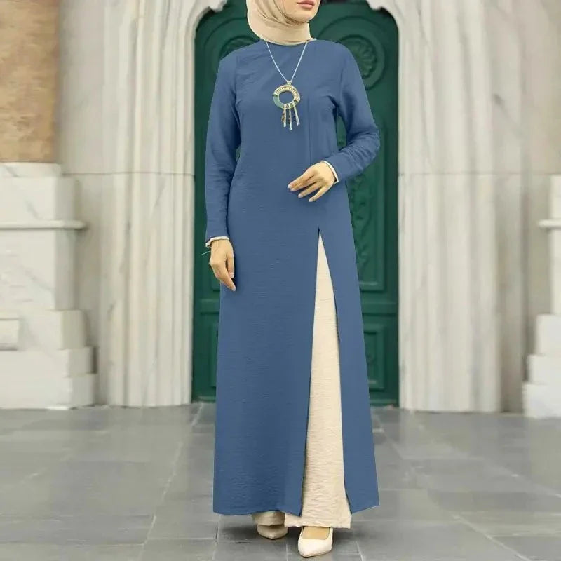 Muslim women's dress made of elegant ice silk fabric with long sleeves and high slit hem, available in various colours