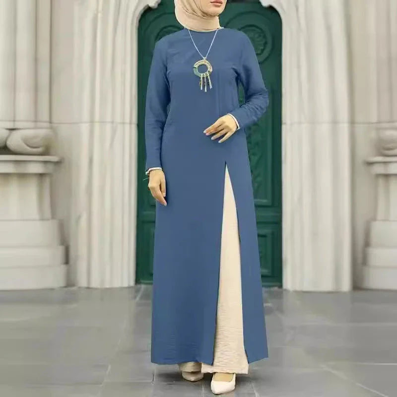 Muslim women's dress made of elegant ice silk fabric with long sleeves and high slit hem, available in various colours