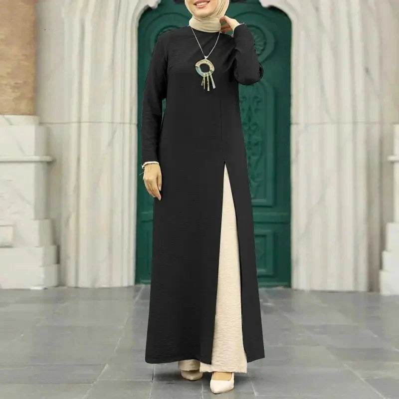 Muslim women's dress made of elegant ice silk fabric with long sleeves and high slit hem, available in various colours