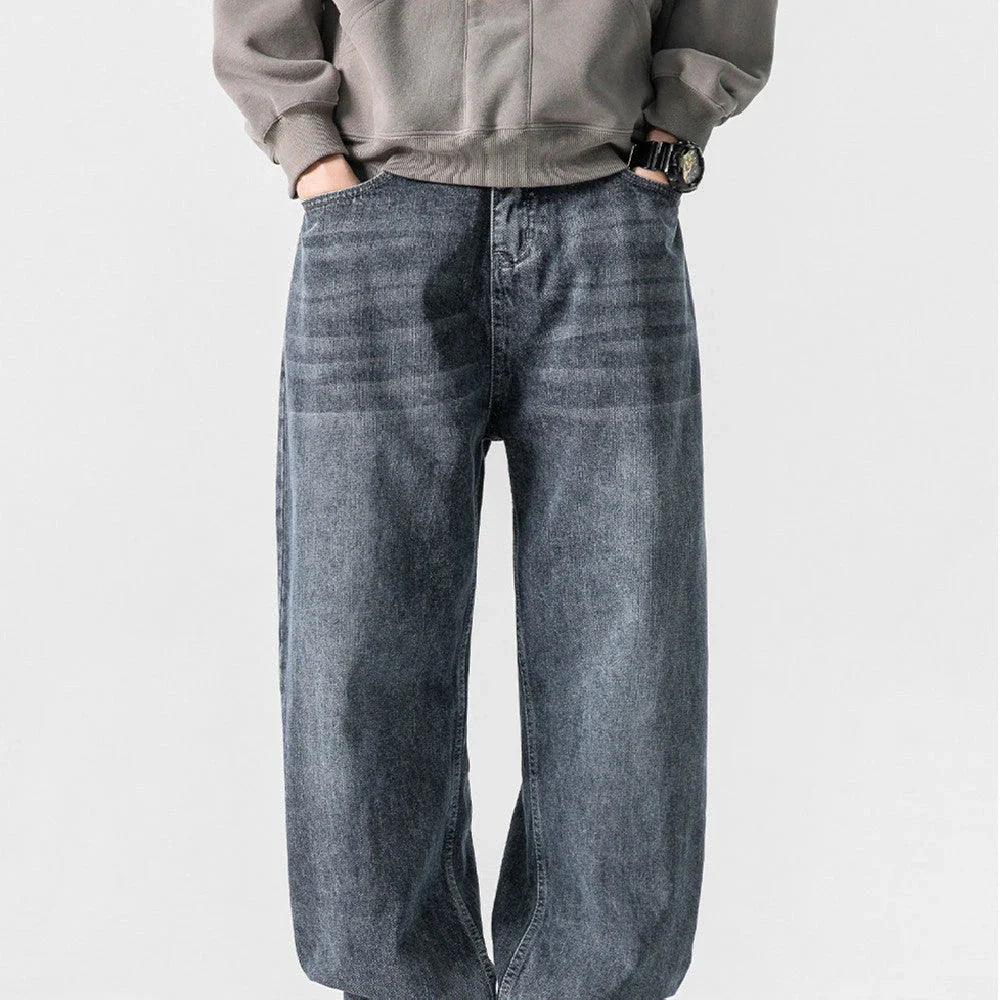 Men's Japanese-inspired retro jeans in black and gray, featuring a mid-waist fit and premium cotton construction for comfort and durability.