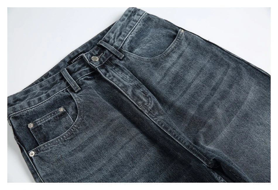 Men's Japanese-inspired retro jeans in black and gray, featuring a mid-waist fit and premium cotton construction for comfort and durability.