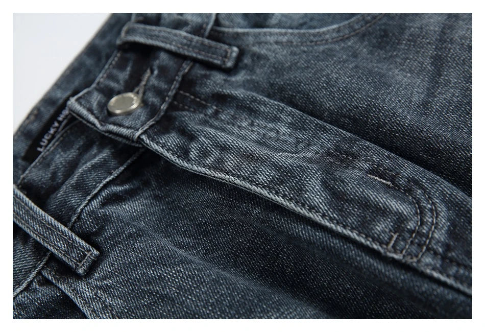 Men's Japanese-inspired retro jeans in black and gray, featuring a mid-waist fit and premium cotton construction for comfort and durability.