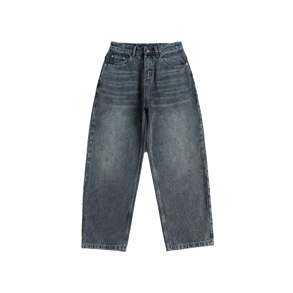 Men's Japanese-inspired retro jeans in black and gray, featuring a mid-waist fit and premium cotton construction for comfort and durability.