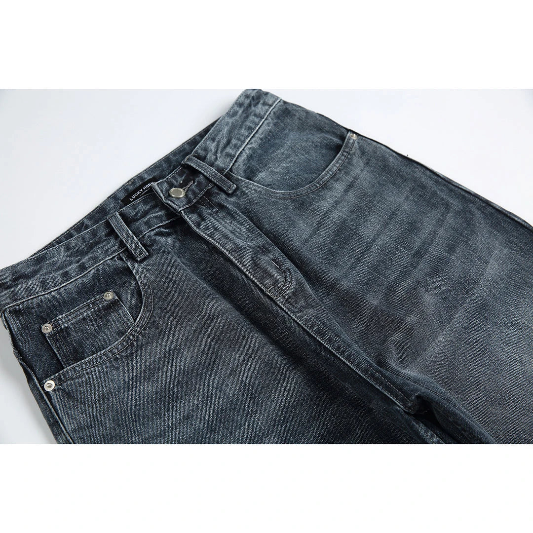 Men's Japanese-inspired retro jeans in black and gray, featuring a mid-waist fit and premium cotton construction for comfort and durability.