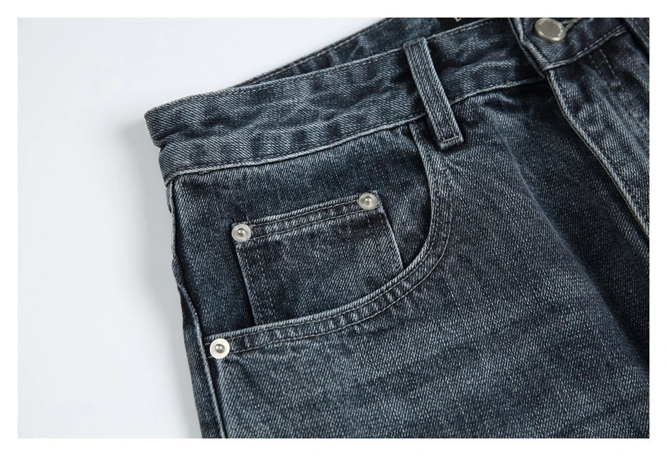 Men's Japanese-inspired retro jeans in black and gray, featuring a mid-waist fit and premium cotton construction for comfort and durability.
