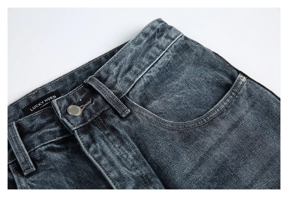 Men's Japanese-inspired retro jeans in black and gray, featuring a mid-waist fit and premium cotton construction for comfort and durability.