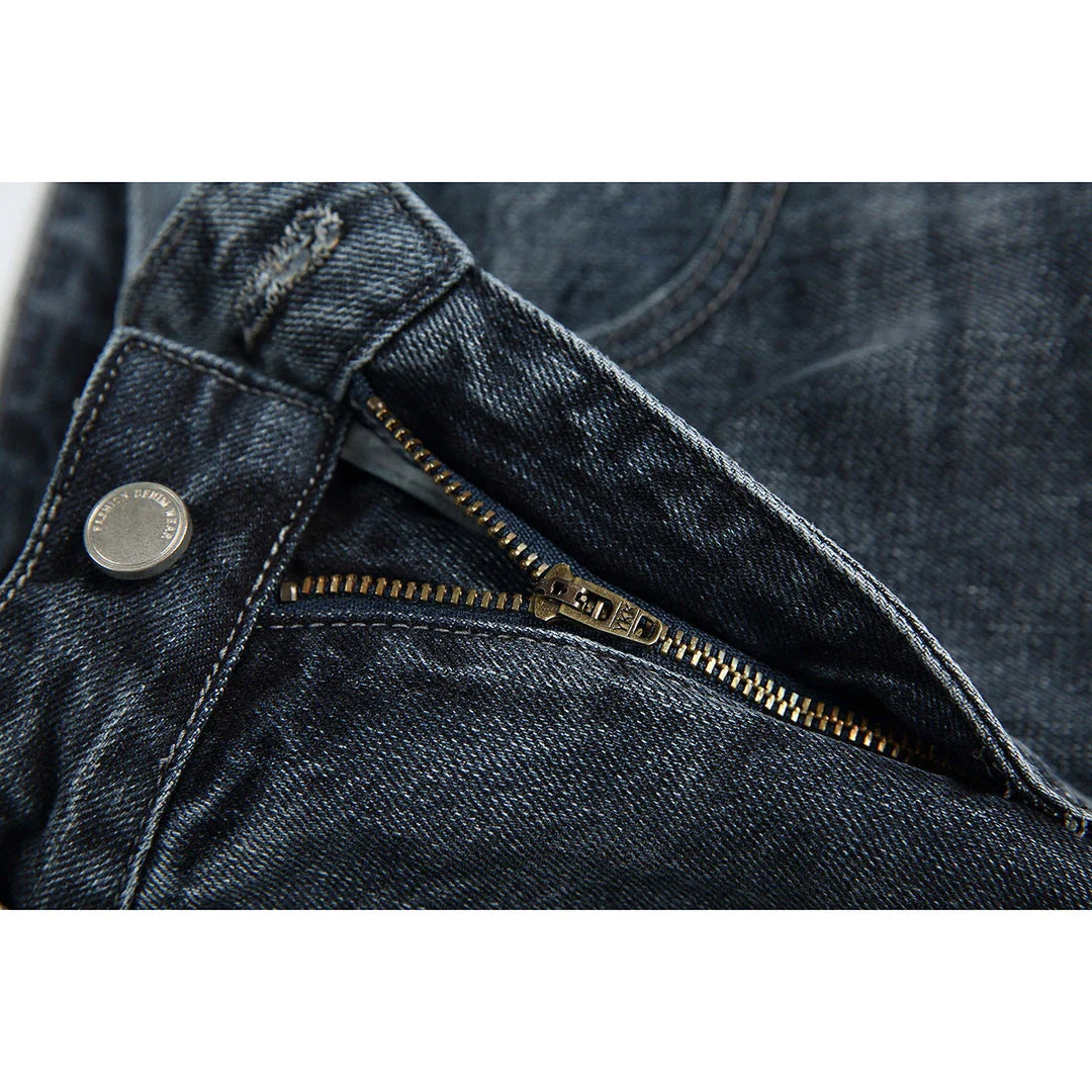 Men's Japanese-inspired retro jeans in black and gray, featuring a mid-waist fit and premium cotton construction for comfort and durability.