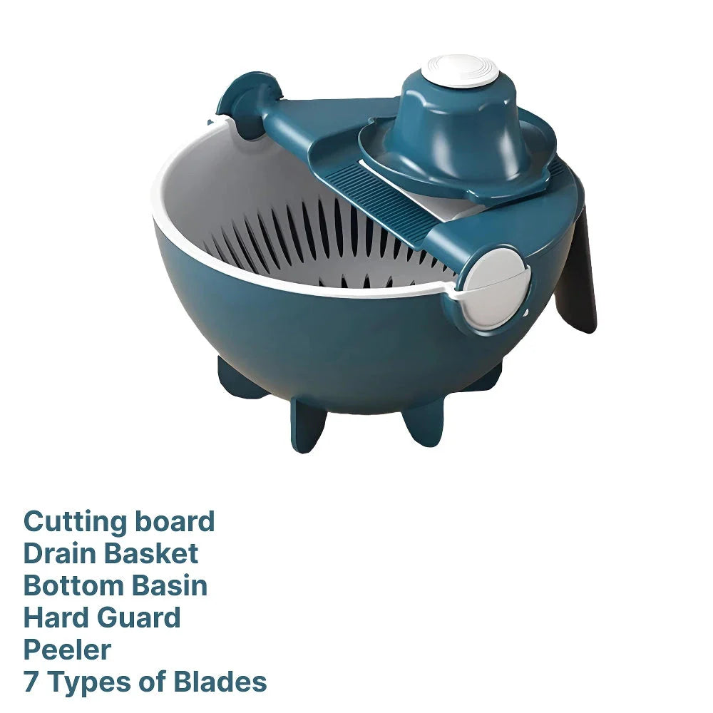 Multifunctional 2-in-1 Vegetable Slicer and Fruit Strainer with various accessories for slicing, dicing, and straining vegetables and fruits