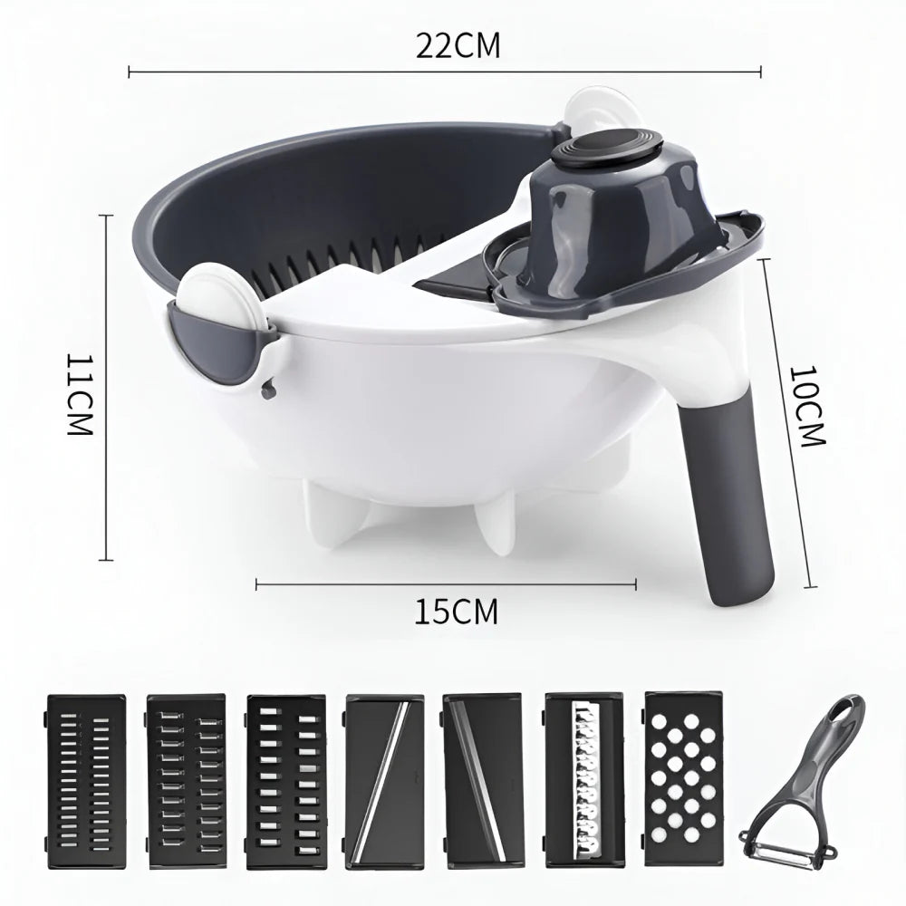 Multifunctional 2-in-1 Vegetable Slicer and Fruit Strainer with various accessories for slicing, dicing, and straining vegetables and fruits