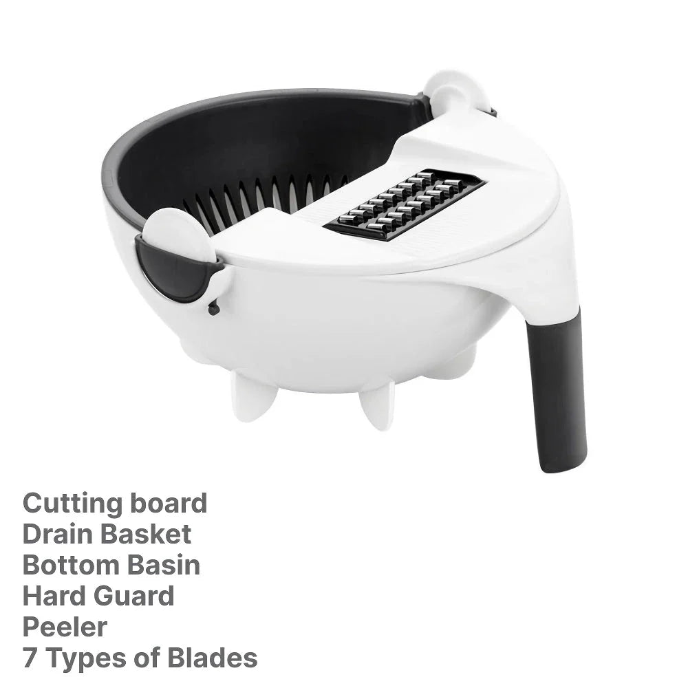 Multifunctional 2-in-1 Vegetable Slicer and Fruit Strainer with various accessories for slicing, dicing, and straining vegetables and fruits