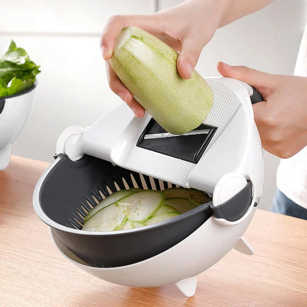 Multifunctional 2-in-1 Vegetable Slicer and Fruit Strainer with various accessories for slicing, dicing, and straining vegetables and fruits