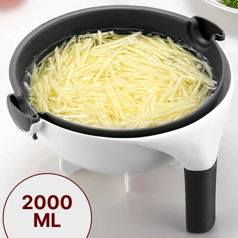 Multifunctional 2-in-1 Vegetable Slicer and Fruit Strainer with various accessories for slicing, dicing, and straining vegetables and fruits