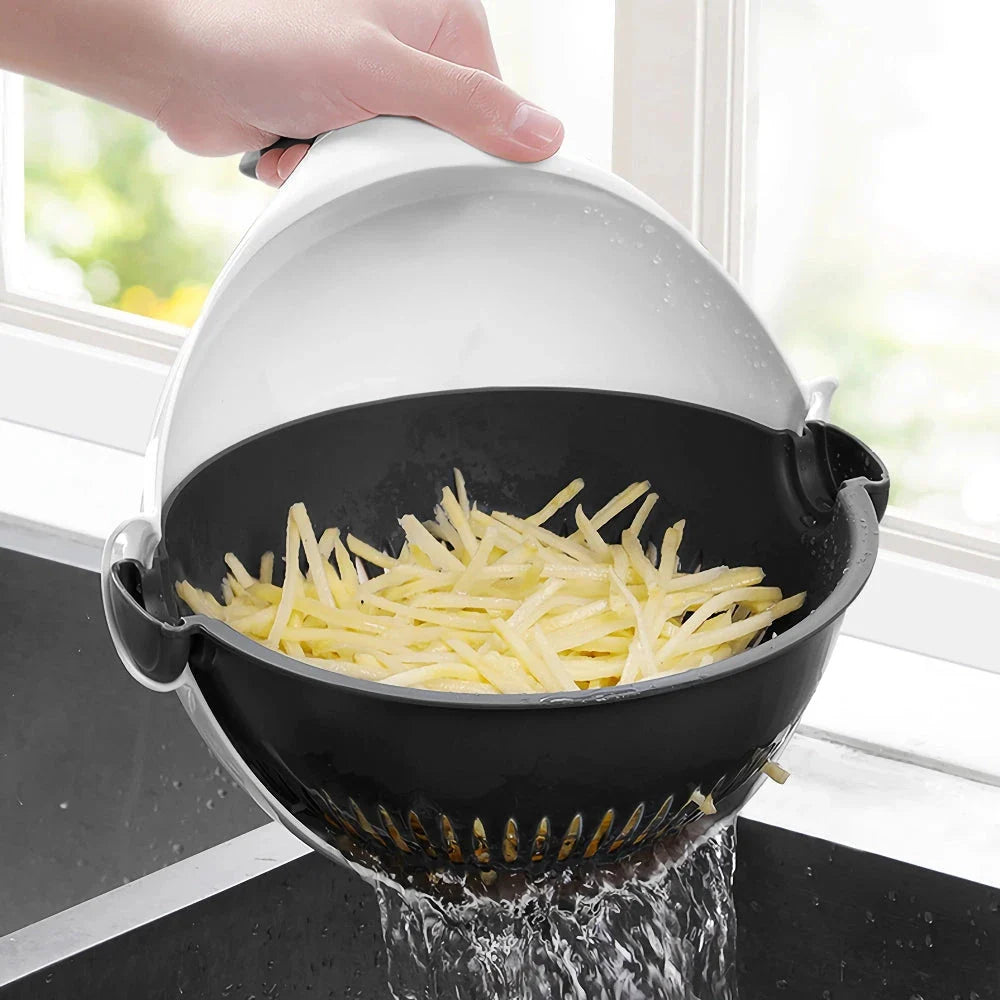 Multifunctional 2-in-1 Vegetable Slicer and Fruit Strainer with various accessories for slicing, dicing, and straining vegetables and fruits