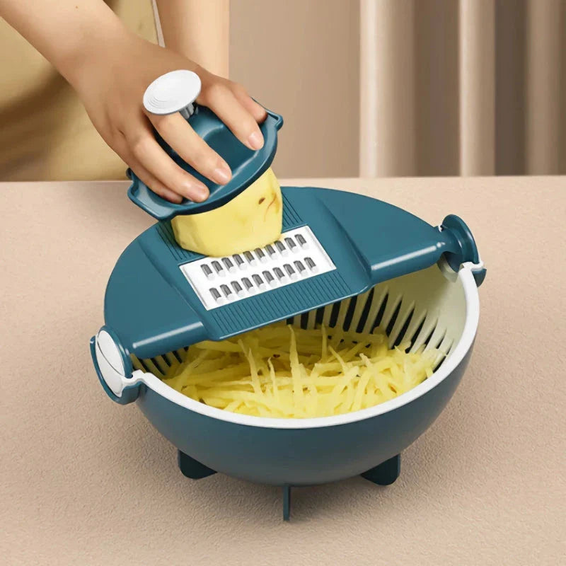 Multifunctional 2-in-1 Vegetable Slicer and Fruit Strainer with various accessories for slicing, dicing, and straining vegetables and fruits