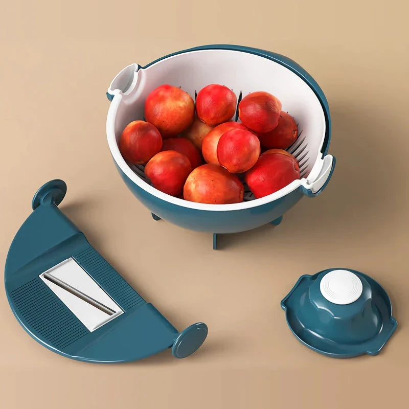Multifunctional 2-in-1 Vegetable Slicer and Fruit Strainer with various accessories for slicing, dicing, and straining vegetables and fruits