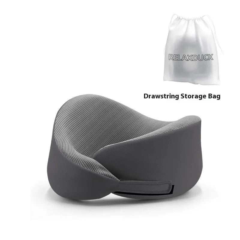 Light grey memory foam U-shaped neck pillow with a magnetic cloth protector.