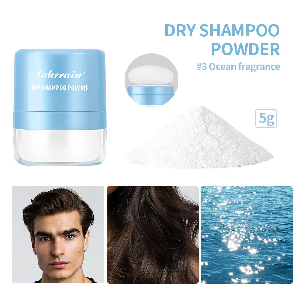 Blue, green, and red sachets of 5g disposable dry shampoo powder with a small mirror for bangs and roots.