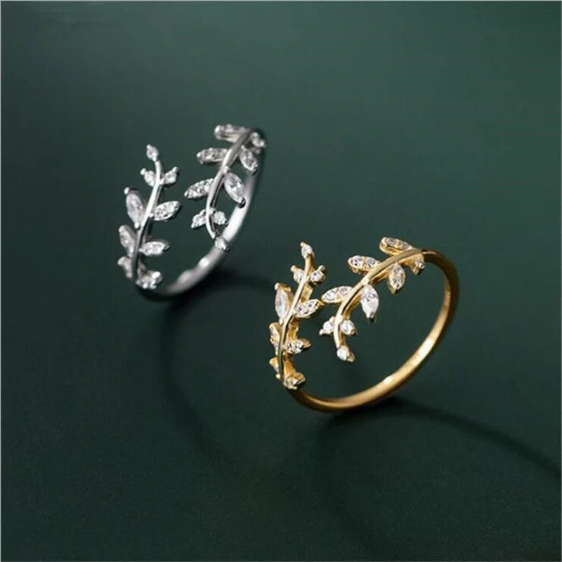 Women's branch ring with leaf design in silver or gold electroplated finish