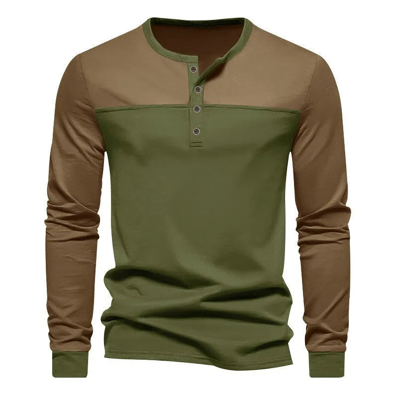 Long-sleeve henley collar casual shirt in solid colour, shown in available sizes and colours.