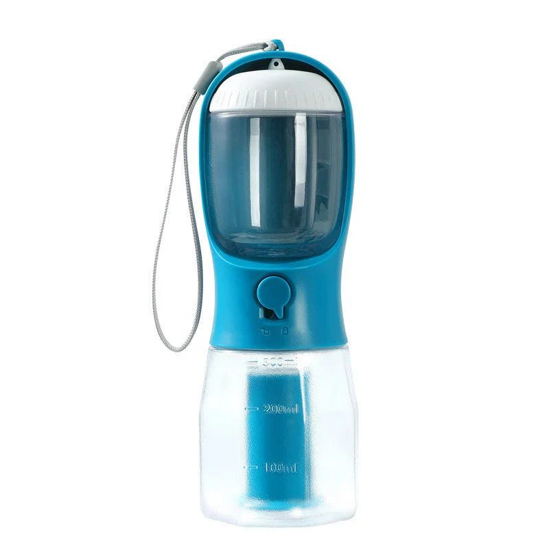 Portable 3-in-1 pet water bottle with built-in filtration system, food container, and waste bag storage compartment