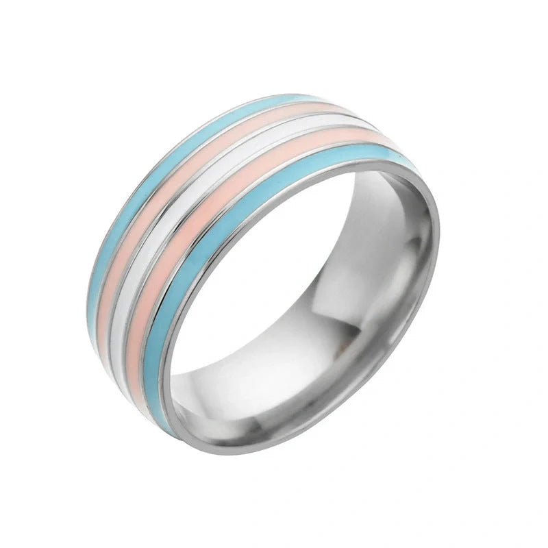 Bisexual pride stainless steel ring in geometric design, available in multiple styles and sizes