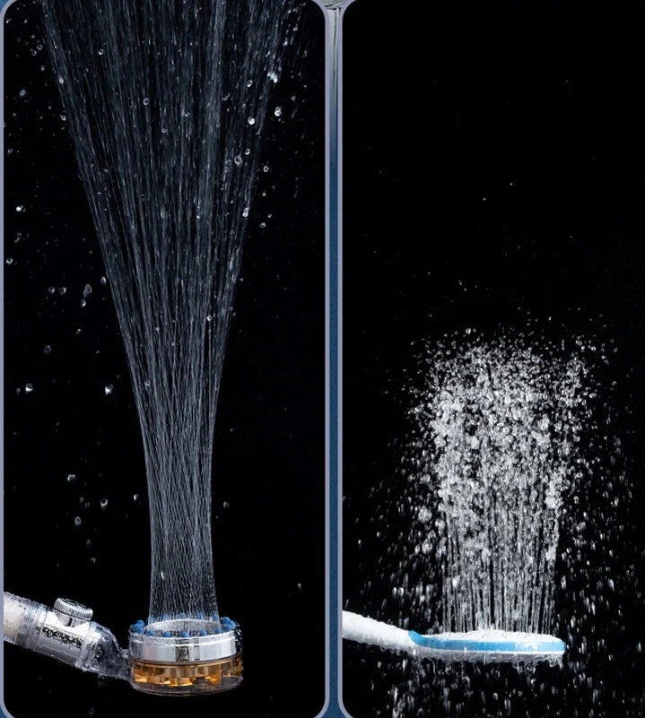High-pressure turbo shower head with powerful water flow, made of durable ABS and stainless steel materials