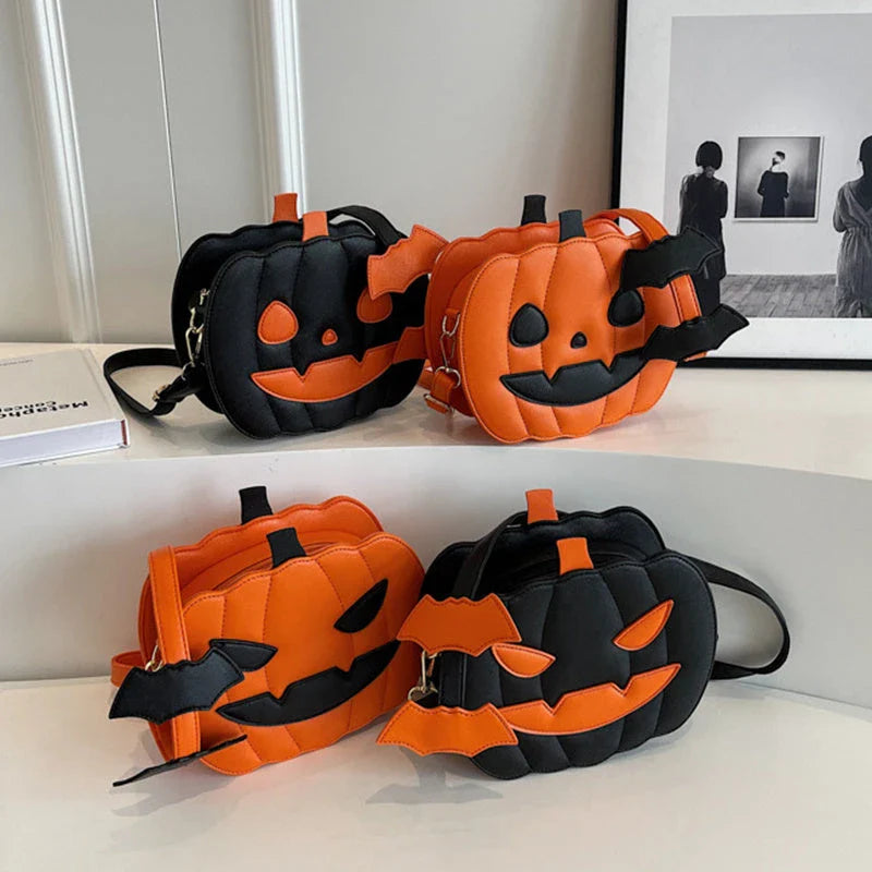 Pumpkin cartoon shoulder bag with adjustable strap and roomy interior, available in various Halloween-inspired colors